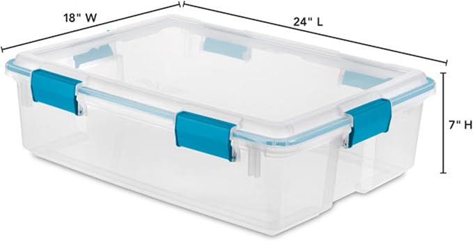 Sterilite Gasket Storage Box with Lids for Home & Office, 37 Quart, 12-Pack | Heavy-Duty, Stackable, and Organizing Containers for Bathroom, Cabinet, Closet, and Garage, Clear and Blue Aquarium Latches