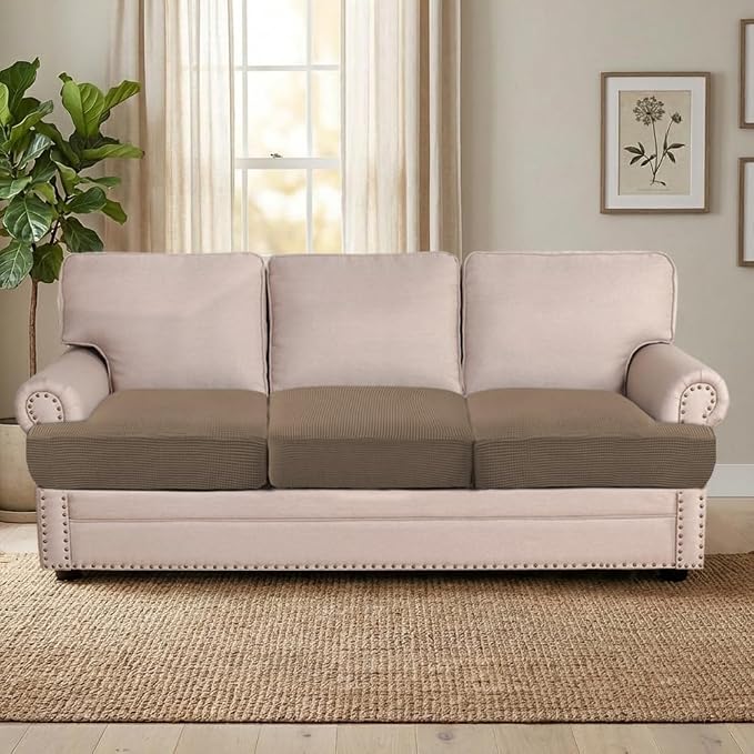 H.VERSAILTEX Stretch 3 Piece T Cushion Sofa Slipcovers Individually Sofa Cushion Covers for 3 Cushion Couch Sofa Seat Cushion Covers with Elastic Bands Featuring Thicker Jacquard Fabric, Macchiato