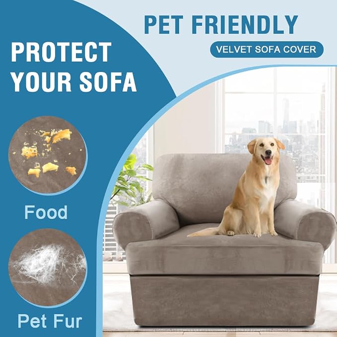 H.VERSAILTEX Sofa Cover 2 Piece Armchair Slipcovers Thick Velvet Couch Cover Furniture Protector Stretch Sofa Covers for 1 Cushion Couch with 1 Individual T Cushion Covers Washable, Taupe