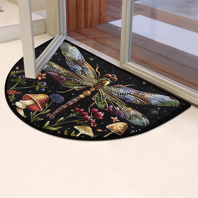 Dragonfly Flower Mushroom Half Round Door Mat, Non-Slip Entrance Welcome Mat for Indoor Semi Circle Bathroom Floor Rugs Outdoor Mats House Entry Way Heavy Duty Doormat for Kitchen Living Room 36x24 In