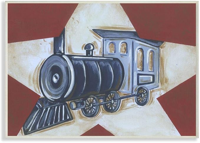 'Blue Train on White Star and Red Background'| Wall Plaque Art | Stupell Industries | 19 x 13 Inches, Easy to Hang and Sturdy, Made in USA, by Reesa Qualia