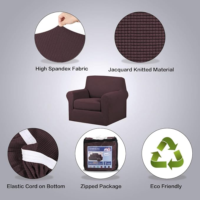 H.VERSAILTEX Stretch Armchair Covers Slipcover 2 Piece Chair Covers for Living Room Furniture Cover Suit for T Cushion/Box Cushion, Spandex Jacquard Fabric Small Checks(Armchair-Standard, Brown)