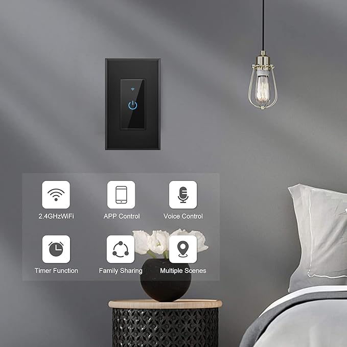 Lesim Smart Light Switch WiFi Switch Work with Alexa Google Home, Black