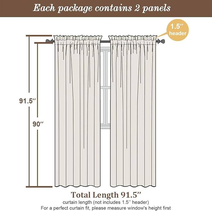 Chyhomenyc Cream Sheer Curtains 90 Inches Long 2 Panels, Light Filtering Cream Curtains for Living Room, Soft Gentle Voile Rod Pocket Bedroom Window Drapes, 59Wx90L Inch, 2PCS