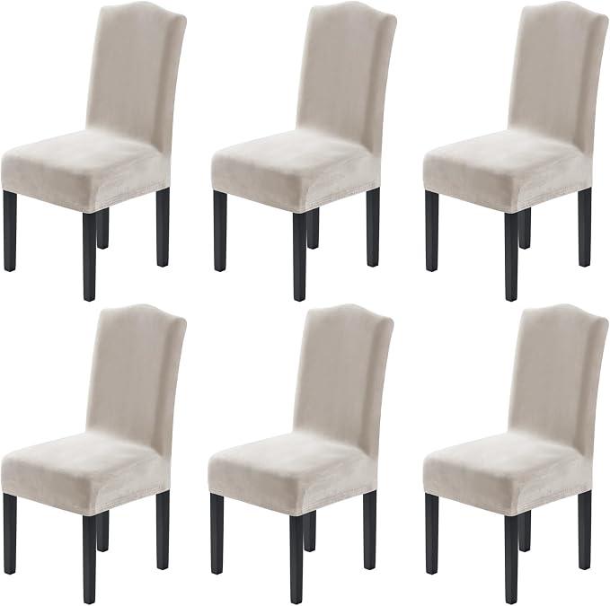 H.VERSAILTEX Velvet Dining Chair Covers Stretch Chair Covers for Dining Room Set of 6 Parson Chair Slipcovers Chair Protectors Covers Dining, Soft Thick Solid Velvet Fabric Washable, Oatmeal