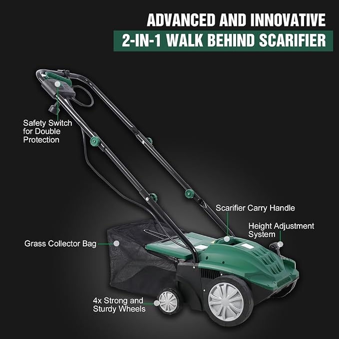 2 in 1 Electric Lawn Dethatcher Scarifier 13-Inch 12 Amp Garden Scarifier with 31.7QT Removable Collection Bag for Lawn Main