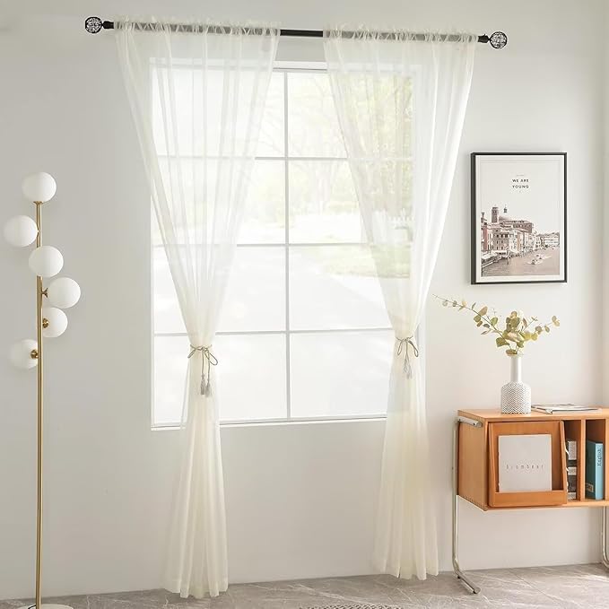 youleyar Solid Sheer Rod Pocket Curtain Voile Draperies 4 Panels Ivory Beige Black Grey Coffee 52 Inch Width 45 Inch Long 1 Pair for Kitchen Bedroom Children Living Room Yard(Ivory,52Wｘ45L)