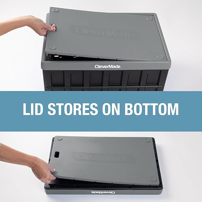 CleverMade Collapsible Storage Bins with Lids, 62L, 3 Pack, Ocean | Large-capacity bins support 100 lb and stack securely. The lid stores underneath, and each crate folds to 2.5 inches.