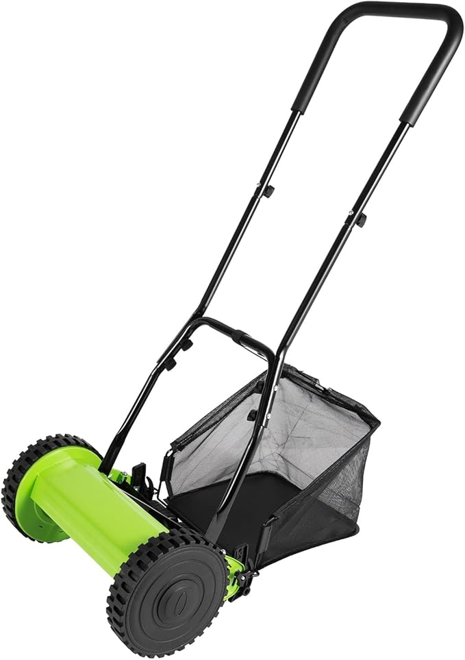 12in 5-Blade Push Reel Lawn Mower Manual Lawn Mower, Walk-Behind Lawn Mower with 6 Gallons Grass Catcher, 0.47-1.77 inches Manual Adjustable Cutting Height, for a Green Healthy Lawn (Green, 12in)