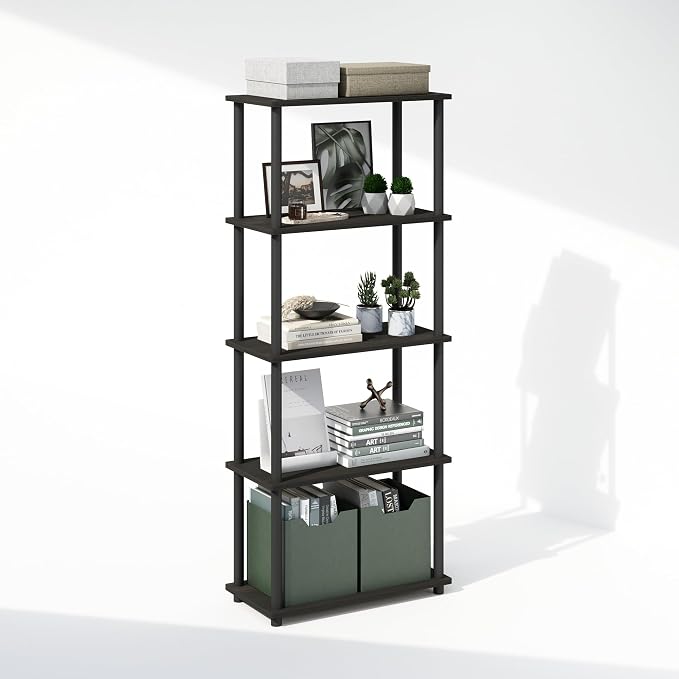 Furinno Turn-N-Tube Book Shelf, 5-Tier Bookshelf, Bookcase with Multipurpose Compact Display Rack, 11.6 x 23.6 x 57.4, for Living Room, Bedroom, Home Office, Espresso/Black