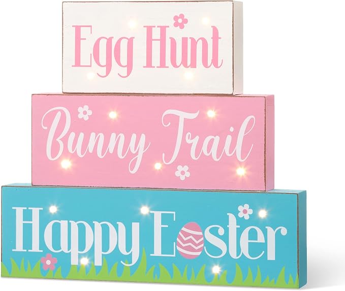 Glitzhome LED Lighted Wooden Easter Table Sign Spring Home Decor for Holiday Easter Party Supplies Props