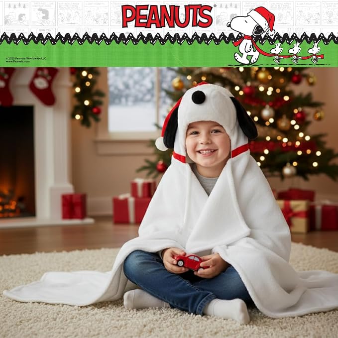 Peanuts Snoopy Santa Hat Hooded Throw - Kids Holiday Christmas Bedding Super Soft Throw Blanket - 30 in x 50 in, (Officially Licensed Product) by Franco