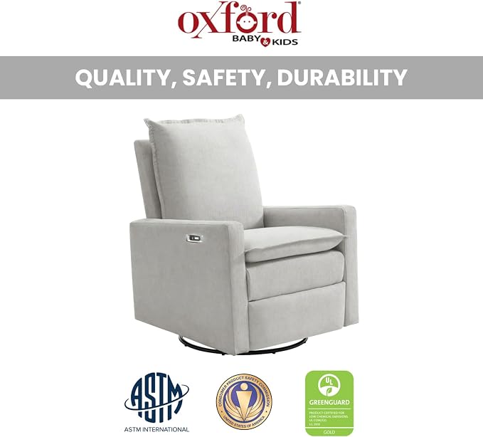 Oxford Baby Uptown Power Upholstered Glider Recliner Rocking Chair 270° Swivel for Nursery and Living Room – Sand, Green Guard Gold Certified