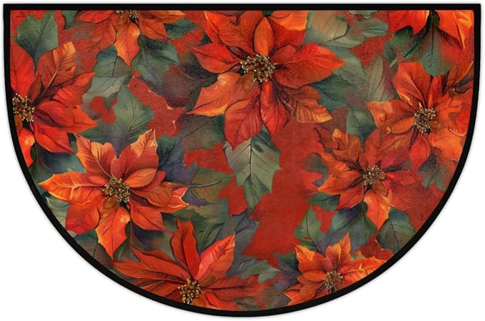 cfpolar Half Round Door Mat Christmas Poinsettia Semi Circle Non-Slip Bathroom Floor Rug, Outdoor Welcome Entrance Way Mat Indoor Absorbent Kitchen Mat for Bathroom,Garage,Bedroom 36" x 24" A-15