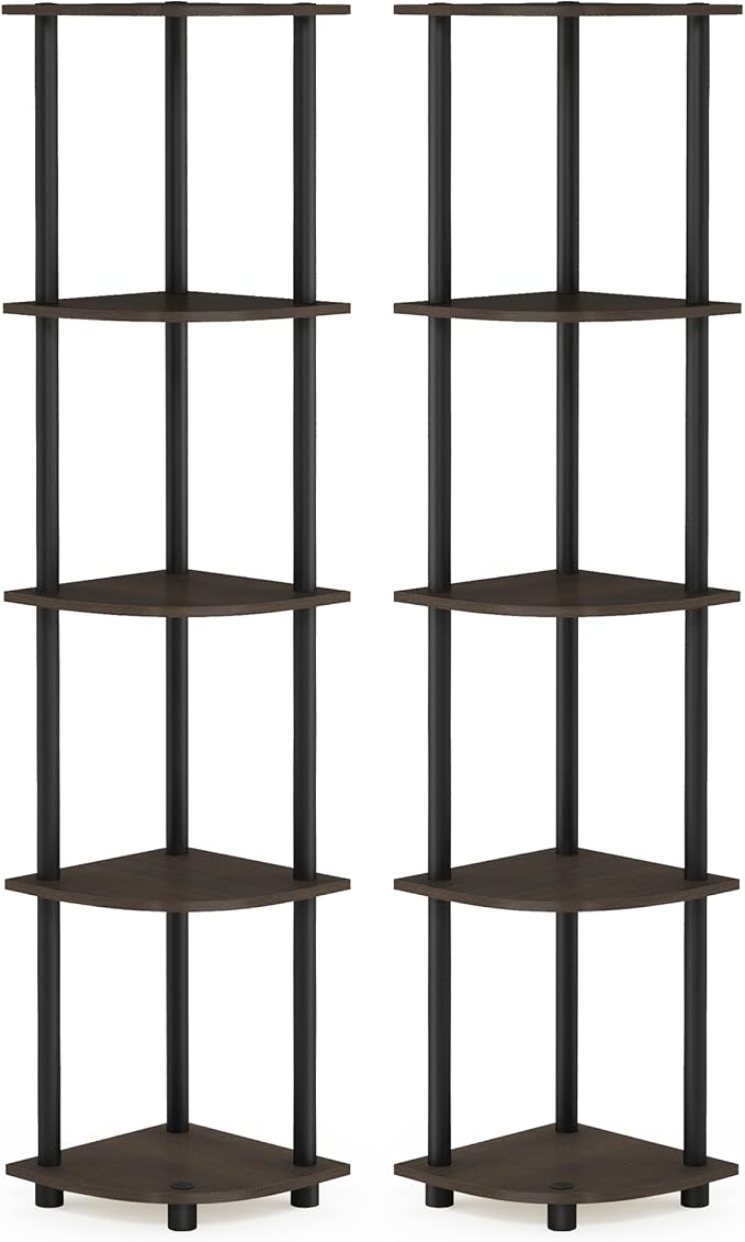 Furinno TURN-N-TUBE Corner Shelf Set of 2, 5-Tier Corner Bookshelf, Open Storage Shelves, for Organization and Storage, Living Room, Home Office, Garage, Dark Brown Grain
