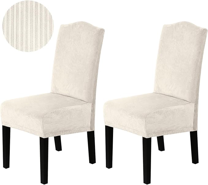 H.VERSAILTEX Velvet Dining Chair Covers Stretch Chair Covers for Dining Room Set of 2 Parson Chair Slipcovers Chair Protectors Covers Dining, Soft Thick Solid Velvet Fabric Washable, Ivory Striped