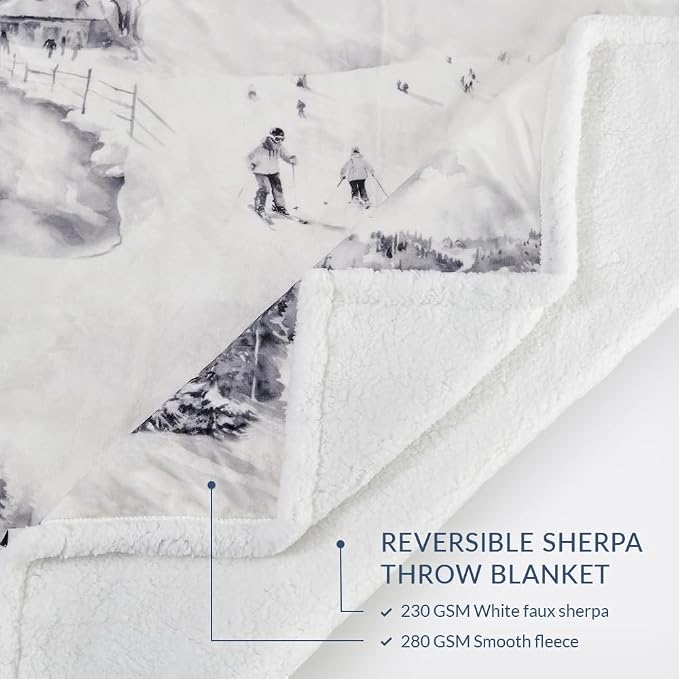 Indigo Hill by HiEnd Accents Ski Toile Sherpa Throw Blanket, Snow Mountain Pine Tree Ski Season Print Blanket for Camping Outdoor, Cabin Lodge Fleece Blanket for Couch, Sofa, Bed, 54x68 inch
