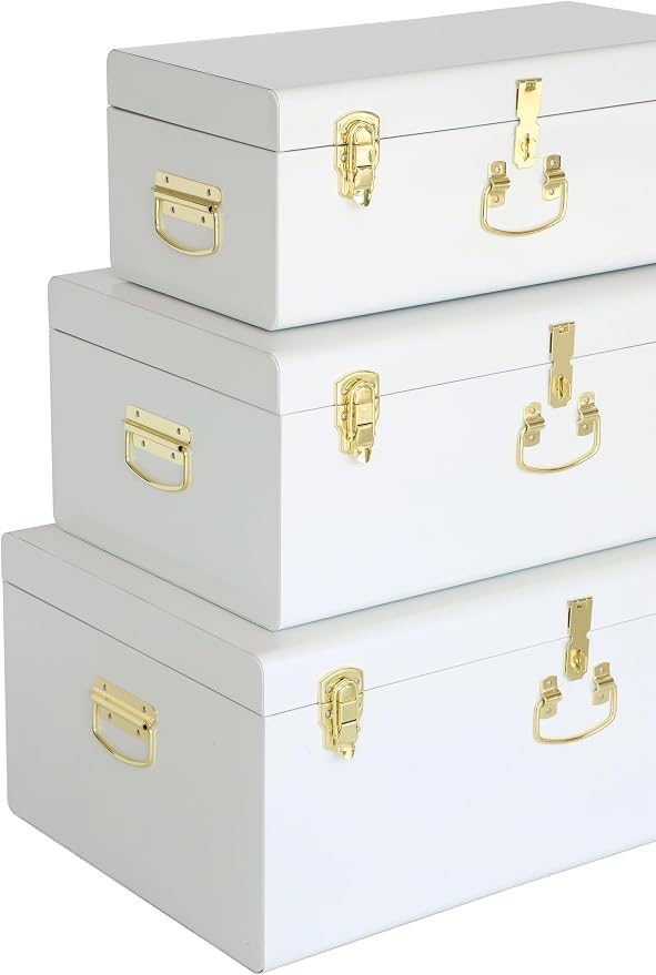 Vixdonos Decorative Box Set of 3 Metal Trunks Chest with Safety Lock Clasp for Treasure Organization and Home Dorm Decor,26.8x16.5x11Inches