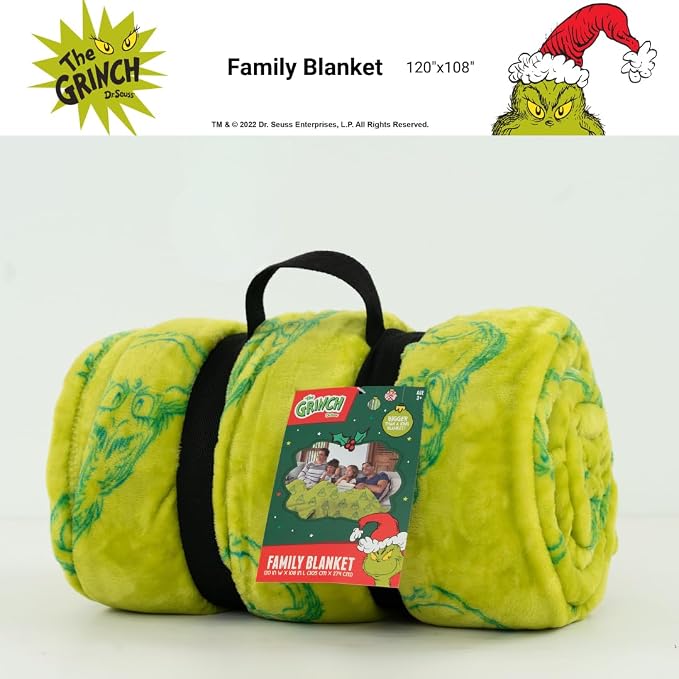 Dr. Seuss The Grinch Holiday Christmas Bedding Super Cozy Oversized Family Size Blanket, 120 in x 108 in, (Officially Licensed Product) By Franco Collectibles
