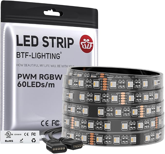 BTF-LIGHTING RGBW LED Strip Lights,UL Listed,5050 4 Colors in 1 RGB + 2700K-3000K Warm White,24V DC,16.4ft/5m 60LEDs/m 12mm Black PCB, IP67 Waterproof for Home Decoration(No Adapter or Controller)