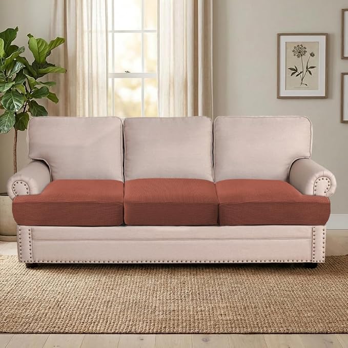 H.VERSAILTEX Stretch 3 Piece T Cushion Sofa Slipcovers Individually Sofa Cushion Covers for 3 Cushion Couch Sofa Seat Cushion Covers with Elastic Bands Featuring Thicker Jacquard Fabric, Rust
