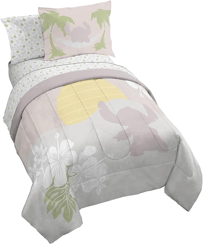 Disney Lilo and Stitch Full Size Comforter Set 7 Piece Bedding, Beige | Bed in a Bag, Comforter Sheets Shams Pillowcases, Official Product, Soft Microfiber, Machine Washable, Girls Gift
