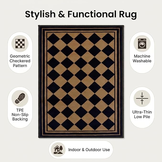 Checkered Rug 3x5, Washable Non-Slip Checkerboard Rug, Black and Tan Diamond Neutral Farmhouse Style Mat for Entryway, Kitchen, Laundry Room, Patio, Porch