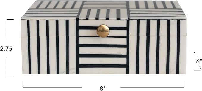 Bloomingville Plastic Storage Box with Striped Block Pattern and Gold Knob, Black and White