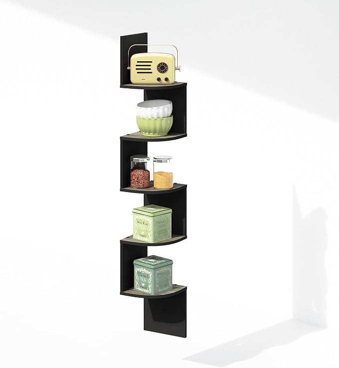 Furinno Rossi 5-Tier Floating Corner Shelf for Wall, Corner Zigzag Shelf Wall Mounted, Radial Wall Mount Shelves, for Home Office, Living Room, Bedroom, Bathroom, French Oak