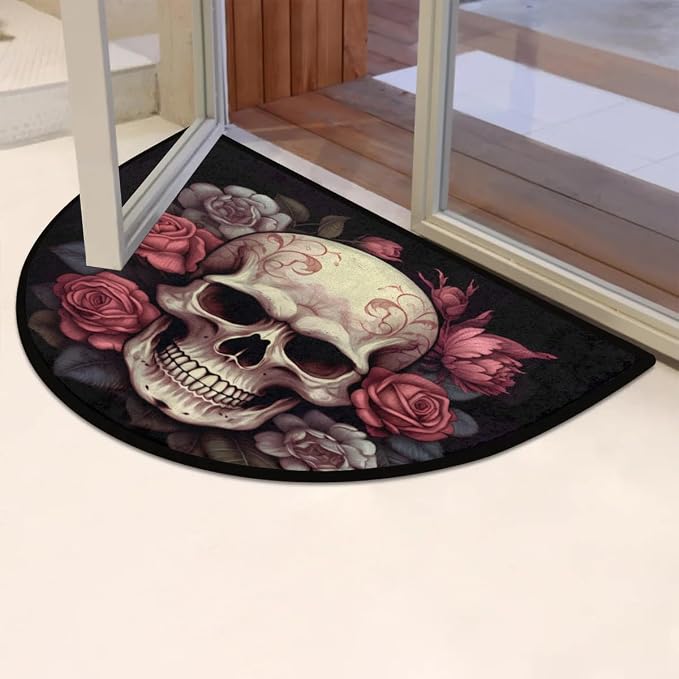 Flower Skull Half Round Door Mat Welcome Entrance Mat Bath Bathroom Rug | Flower Skull Welcome Entrance Mat Anti-Slip Half Moon Bath Mat Semi Circle Rug Indoor Outdoor Kitchen Rug