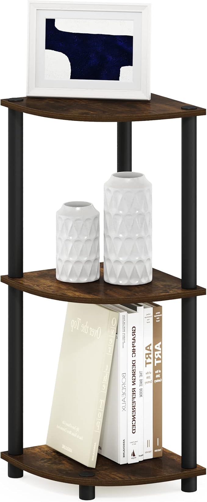 Furinno TURN-N-TUBE Corner Shelf, 3-Tier Corner Bookshelf, Display Storage Shelves with Open Shelves, for Organization and Storage, Living Room, Home Office, Garage, Amber Pine