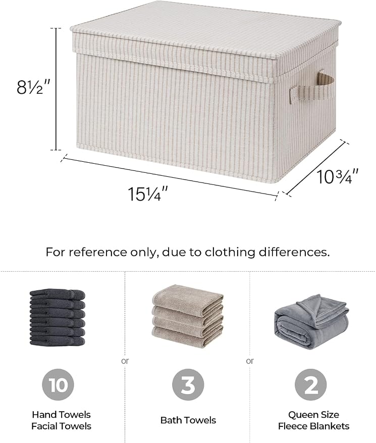 StorageWorks Fabric Storage Bins with Lids, Decorative Storage Bins with Soft Handles, Foldable Storage Baskets for Closet, Shelves, Stackable and Sturdy Organization, Khaki Stripe, Large, 3-Pack