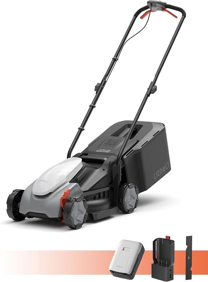 Litheli 14 Inch Cordless Lawn Mower, 5.0Ah Battery Powered Push Mower with Brushless Motor, Quiet & No Maintenance, Lightweight Grass Cutter for Small to Mid-Sized Yards