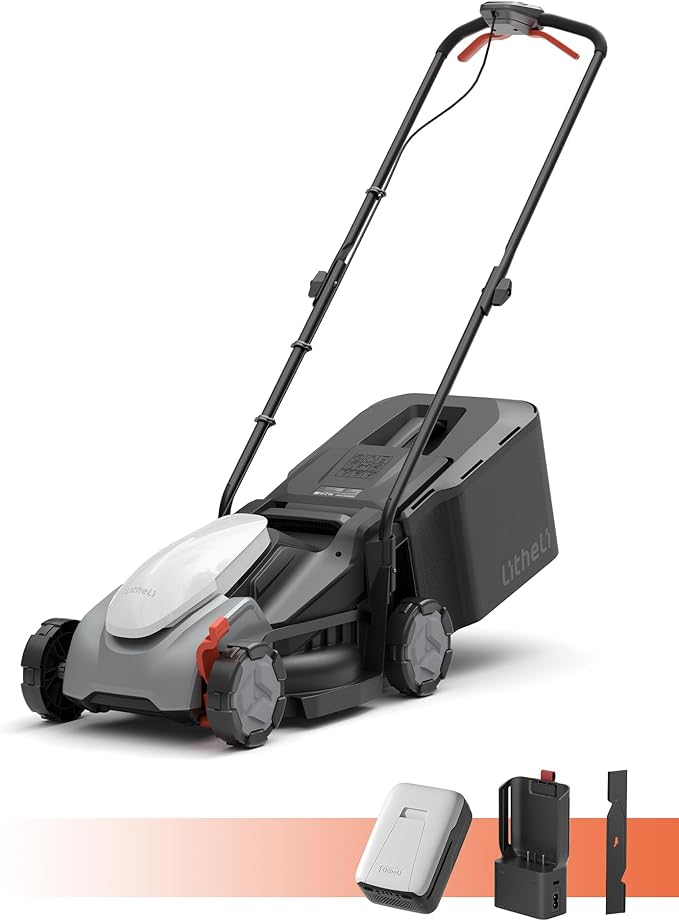 Litheli 14” Cordless Lawn Mower, 8.0Ah High Capacity Battery, Brushless Motor Push Mower, 5 Height Adjustments, 9 Gal Bag, Great for Mid to Large Lawns