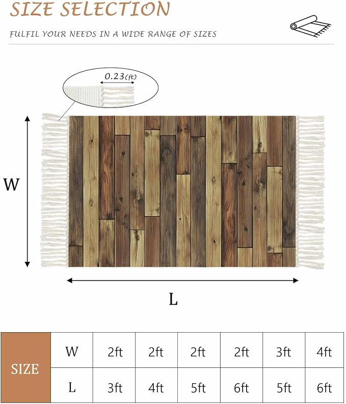 Brown Runner Rug 3X5 Ft Bedroom Area Rug, Washable Woven Vintage Country Wooden Grain Throw Carpet with Tassel, Non-Shedding Farmhouse Cabin Retro Plank Stitching Art Dining Room Living Room Carpets