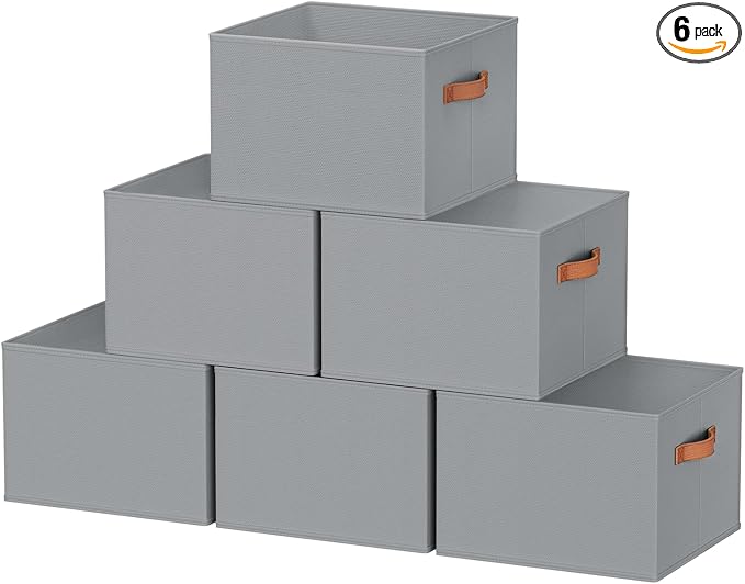 6 Pack Large Closet Storage Baskets Bins for Shelves, Collapsible Fabric Closet Organizers and Storage with Polyester Handles, Decorative Baskets for Organizing Clothes, Towels, Linen Closet 14"x10"