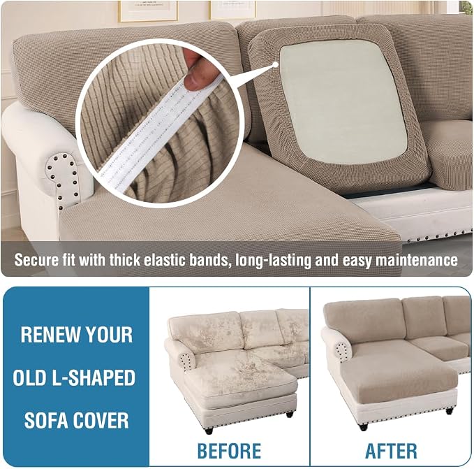 H.VERSAILTEX Sectional Couch Covers 6 Pieces Stretch Sofa Covers for Sectional Sofa Set Separate L Shaped Couch Cover for Both Left/Right Couch (Seat and Back: 1 Chaise + 2 Sofa, Sand)