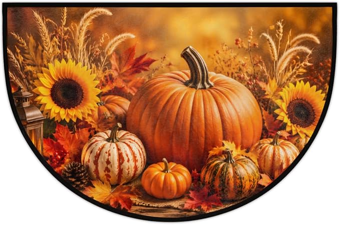 Thanksgiving Half Round Door Mat Welcome Entrance Mat Bath Bathroom Rug B5 | Autumn Pumpkin Thanksgiving Welcome Entrance Mat Anti-Slip Half Moon Bath Mat Semi Circle Rug Indoor Outdoor Kitchen Rug