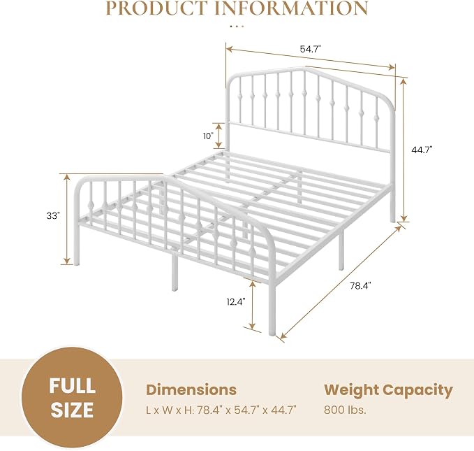 SHA CERLIN Full Size Metal Bed Frame with Wrought Iron-Art Headboard, White | Victorian Style Metal Platform Bed Frame, Wrought Iron-Art Headboard and Footboard, Under-Bed Storage, No Box Spring Needed