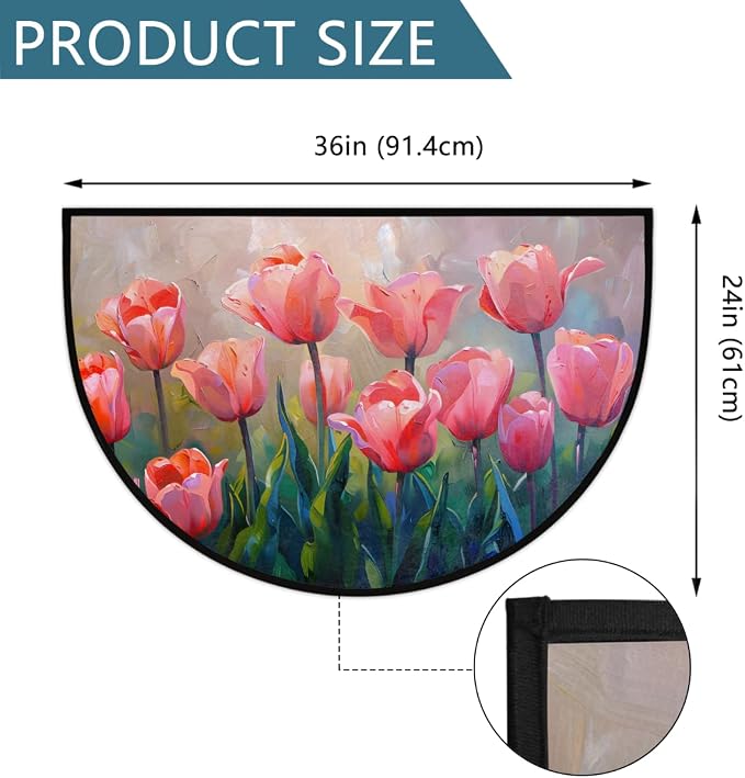 Flower Half Round Doormat Semi Circle Rug Half Moon Rug Entryway Mat | Pink Tulip Washable Non Slip Outdoor Floor Rug Kitchen Mat for Indoor Outdoor Bathroom Fireplace Bath Decor