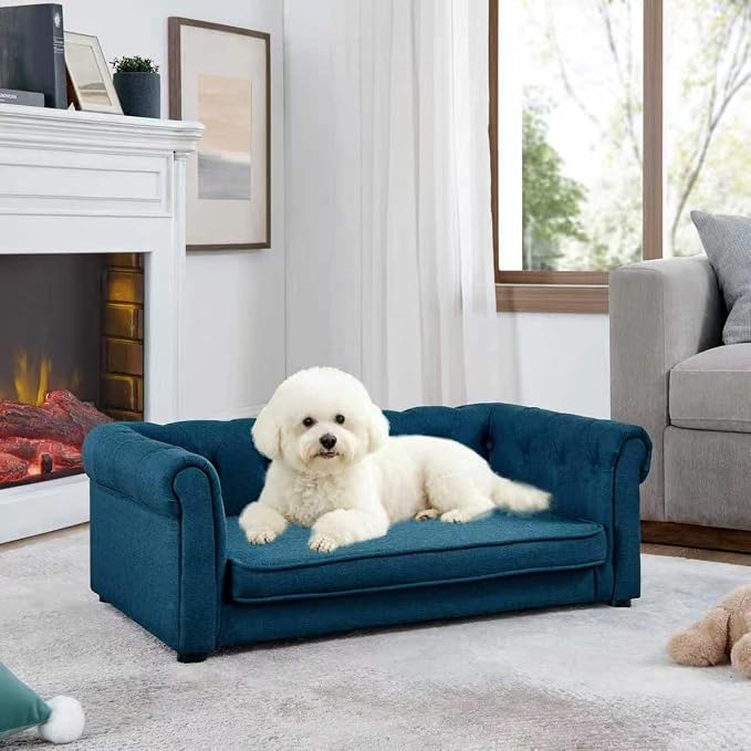 Dog Sofa Couch for Small to Medium Dogs, Memory Foam Dog Couch with Washable Fabric, Removable Cushion, Sofa Bed for Medium Dogs, Blue
