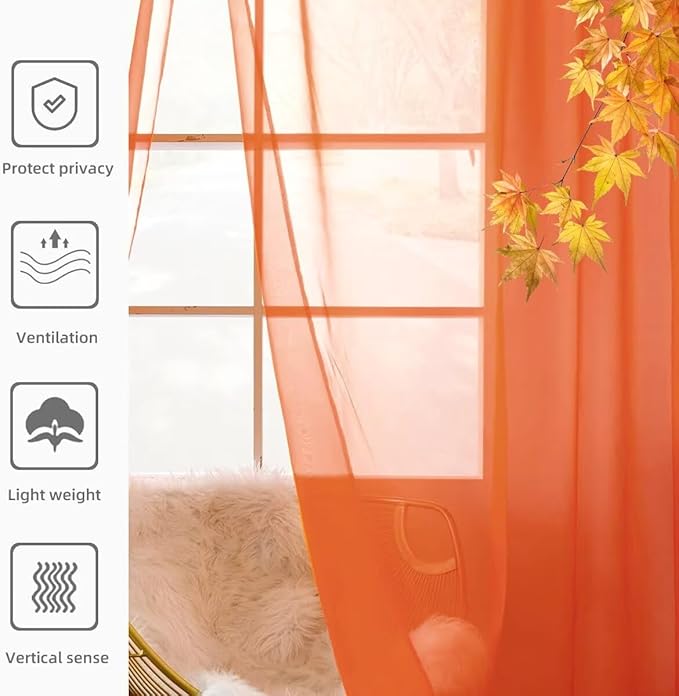 youleyar Solid Sheer Rod Pocket Curtain Voile Draperies 4 Panels White Beige Black Grey Ivory 52 Inch Width 90 Inch Long 1 Pair for Kitchen Bedroom Children Living Room Yard(Burnt Orange,52 Wｘ90 L)