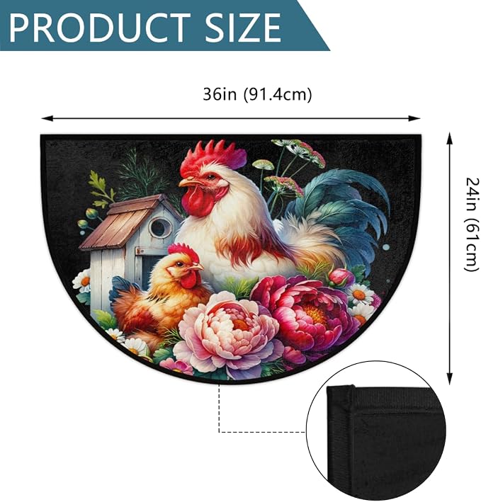 Farm Rooster Floral Half Round Door Mat Non-Slip Semi Circle Rug Washable Half Moon Floor Rug Absorbent Bathroom Area Rugs for Outdoor Indoor Fireplace Mat Entryway Kitchen Decor Rugs