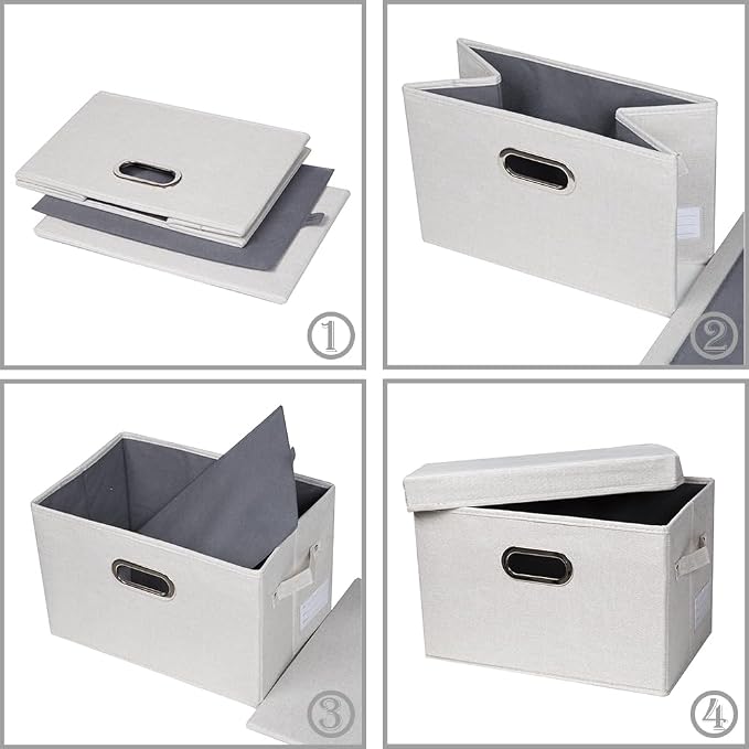 PRANDOM Collapsible Storage Bin with Lid [3-Pack] Fabric Foldable Storage Box Organizer Container Basket Cube with Cover for Home Bedroom Closet Office Beige(15.3x10x9.7)