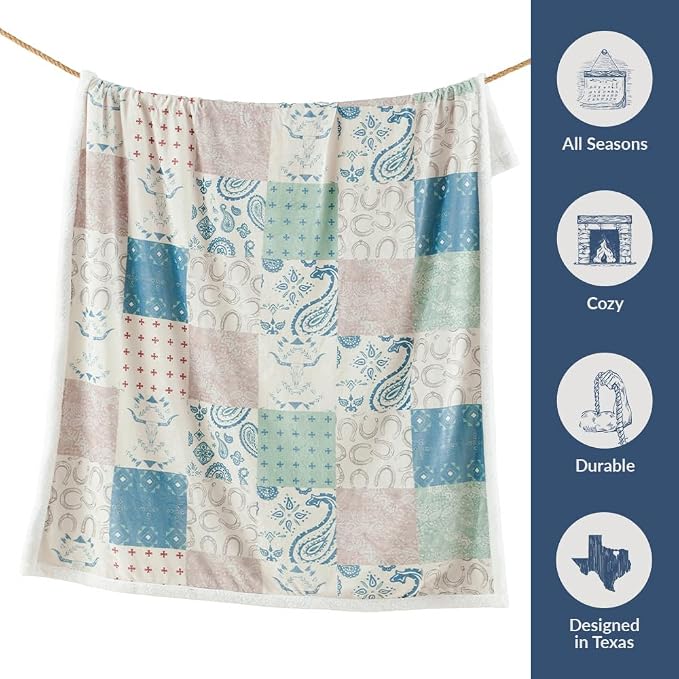 Indigo Hill by HiEnd Accents Patchwork Paisley 54x68 Throw Blanket | Bandana, Longhorn, and Horseshoe Print, Western-Style Soft Sherpa Plush Fleece Blanket for the Couch, Sofa, or Bed