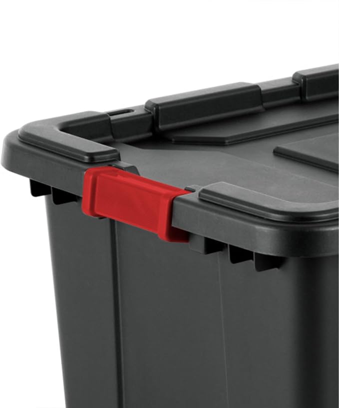 Sterilite Industrial Storage Tote with Lids for Garage, 27 Gallon, 12-Pack | Heavy-Duty and Stackable Utility Box Containers for Home, Office, and Basement Organization, Black