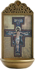 Christian Brands Catholic Holy Water Fount Home Entry Wall or Tabletop Display, 6", San Damiano Crucifix