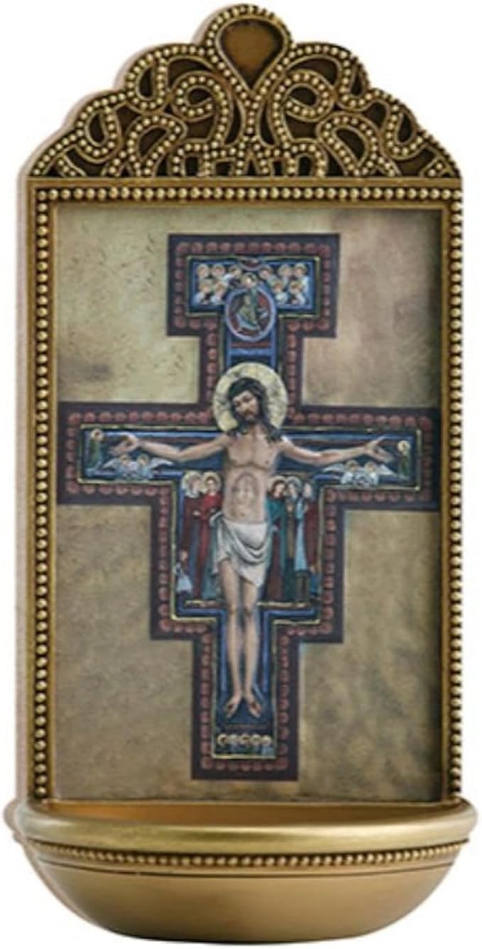 Christian Brands Catholic Holy Water Fount Home Entry Wall or Tabletop Display, 6", San Damiano Crucifix