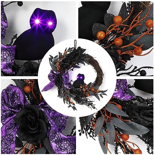 Takywep 22 Inch Halloween Wreaths for Front Door, Half Circle Prelit Owl Wreath with Lighted Eyes, Willow Leaves and Purple Bow for Porch Wall Window Fireplace Decor - Image 6