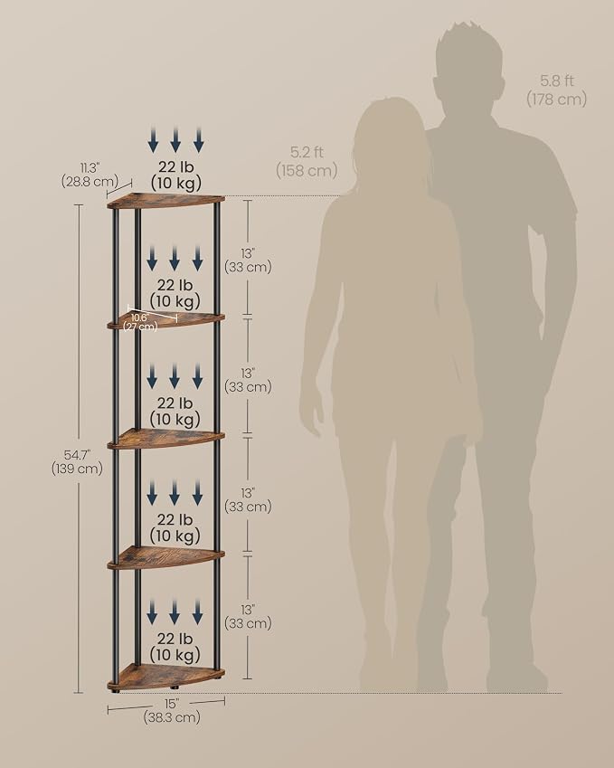 SONGMICS HOME Superfast Toolless Assembly, Corner Shelf Stand, 5-Tier Corner Standing Shelf, Living Room, Bedroom, Kitchen, 15 x 10.6 x 54.7 Inches, Rustic Brown ULBC610K01
